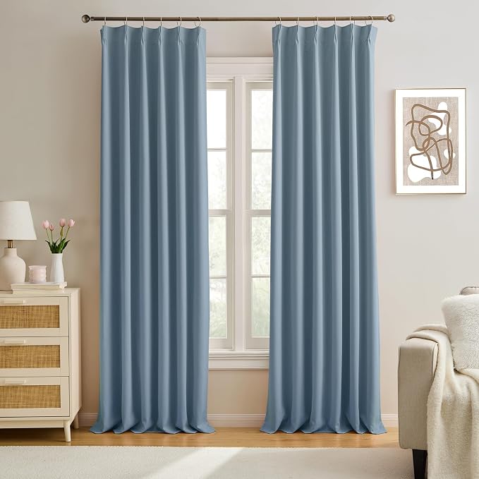 Dusty Blue Pinch Pleated Curtains 150 Inches Long Room Darkening Draperies by KEQIAOSUOCAI