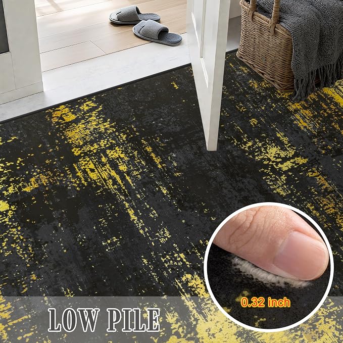 3x14 Washable Runner Rug：Modern Abstract Soft Carpet Black Gold | - Image 7