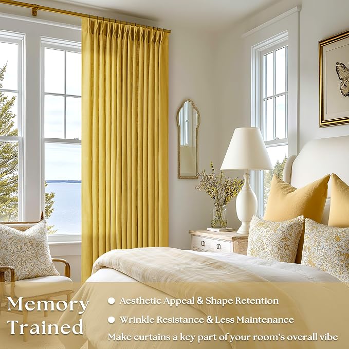 Mustard Yellow Pinch Pleated Linen Sheer Curtains 45 Inch Length 2 Panels | - Image 2