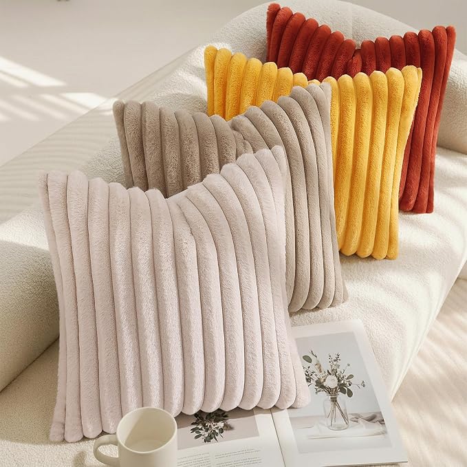 decorUhome Fall Faux Fur Throw Pillow Covers 16x16 Set of 2 Mustard Yellow | - Image 7