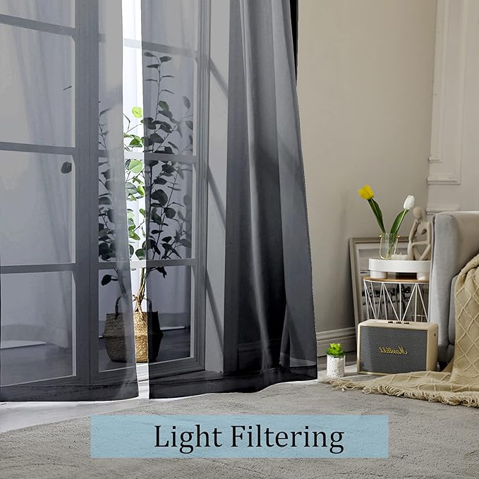 Black Sheer Curtains, Sheer Curtains 84 inch Length 2 Panels Set, Rod Pocket - Image 3