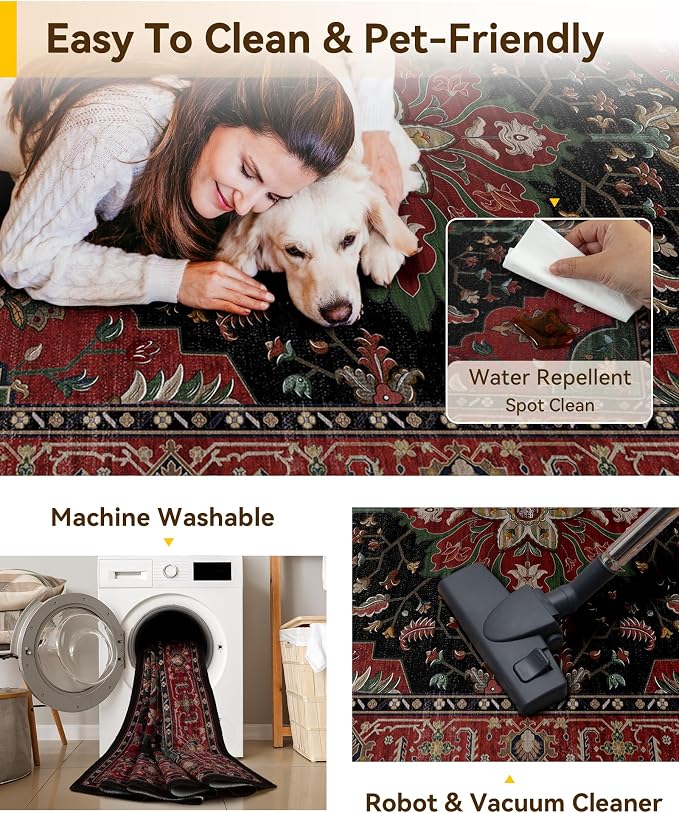 RELEANY Washable Area Rug, Water Repellent, Pet Friendly, Vintage Floral Boho - Image 4