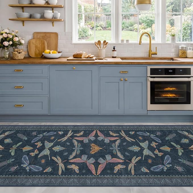 Vintage Dark Blue Insect Moth Runner Rug 3x8, Non Slip Washable Carpet - Image 3