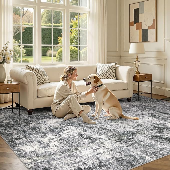 DMOYEST Area Rug Living Room Rugs 7x9 Washable Abstract Grey Carpet | Neutral - Image 5