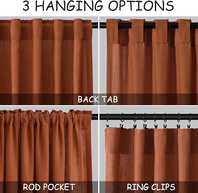 Terracotta Long Linen Curtains 102 Inches Long 2 Panel Set Back Tab Boho Rustic - Image 2