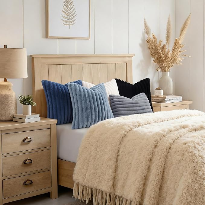 decorUhome Fall Faux Fur Throw Pillow Covers 24x24 Set of 2 Navy Blue | - Image 8