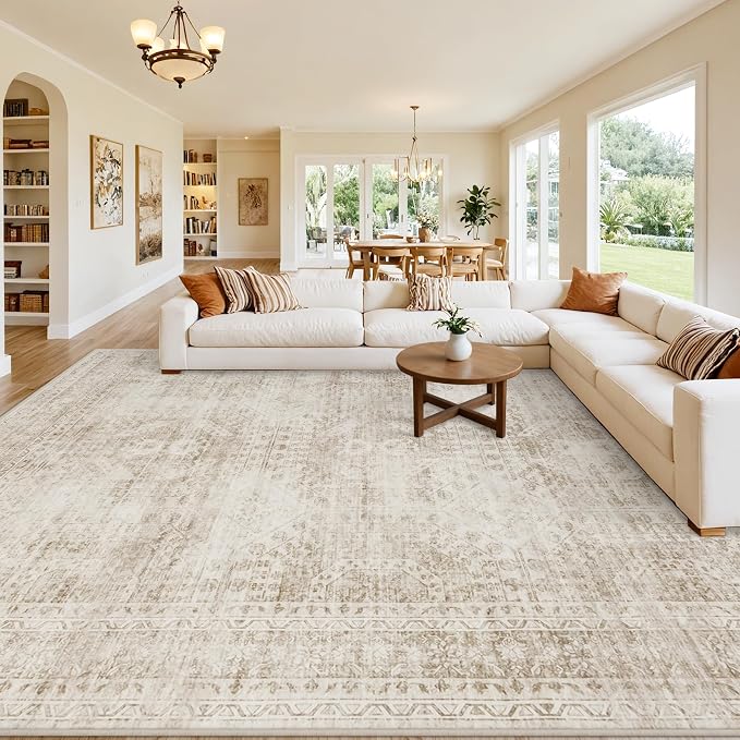 8x10 Area Rugs Living Room: Bedroom Neutral Washable Carpet Brown | Vintage - Image 8