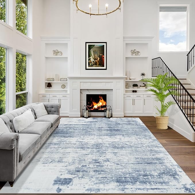 8x10 Area Rugs for Living Room: Washable Abstract Blue White Badroom Carpet | by GENTDRIZZ