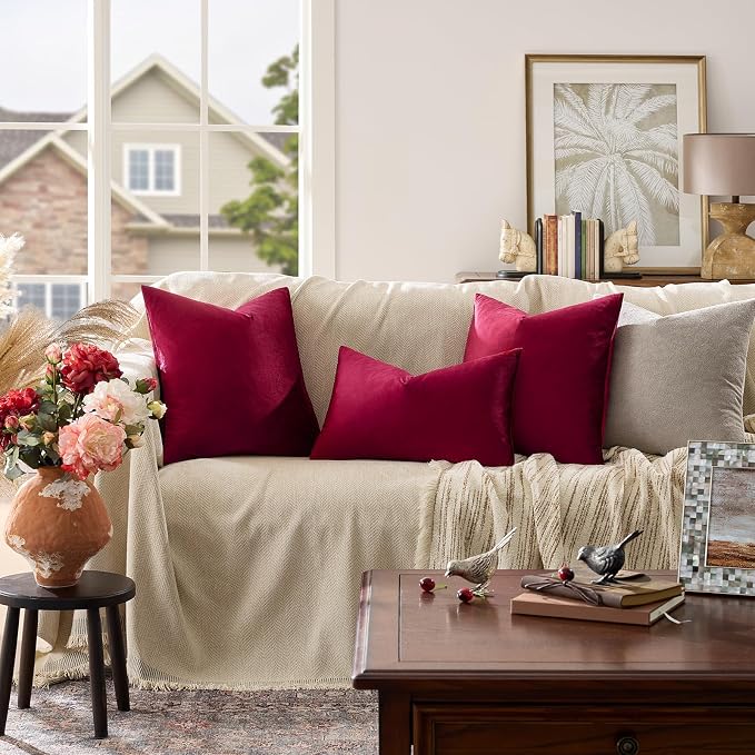 GIGIZAZA Burgundy Velvet Pillow Covers 26x26 Decorative Pillows Pack of 2 | Red - Image 2