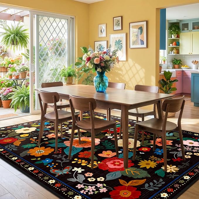 RELEANY Floral Washable 9x12 Area Rugs Black | Flower Carpet Print Boho Cute - Image 2