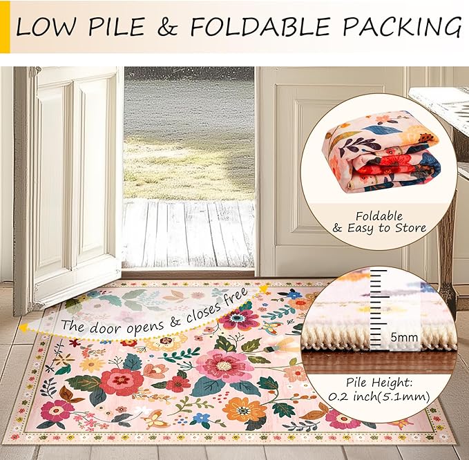 RELEANY Floral Washable Square 4ft Area Rug Pink | Flower Carpet Print Boho - Image 4