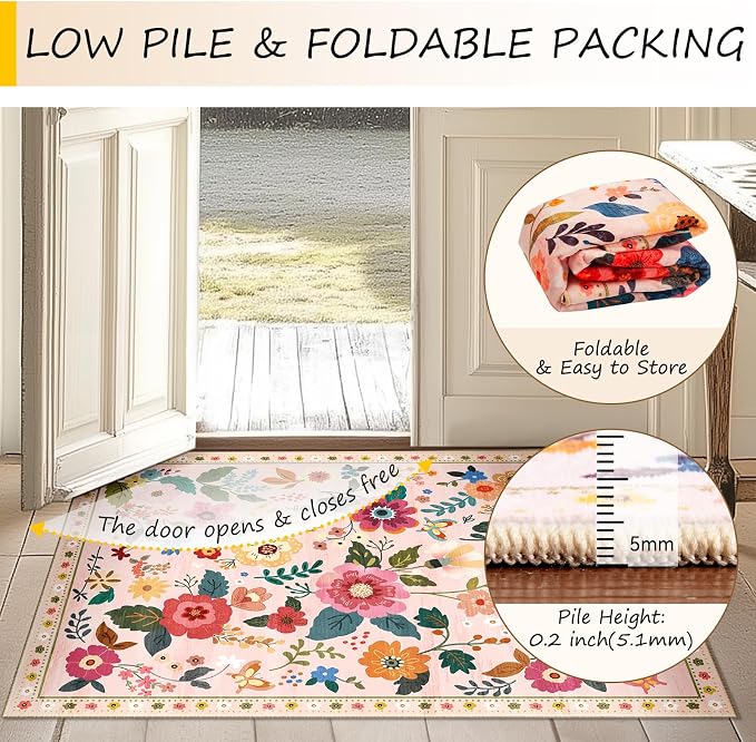 RELEANY Floral Washable 5x7 Area Rugs Pink | Flower Carpet Print Boho Cute Non - Image 4