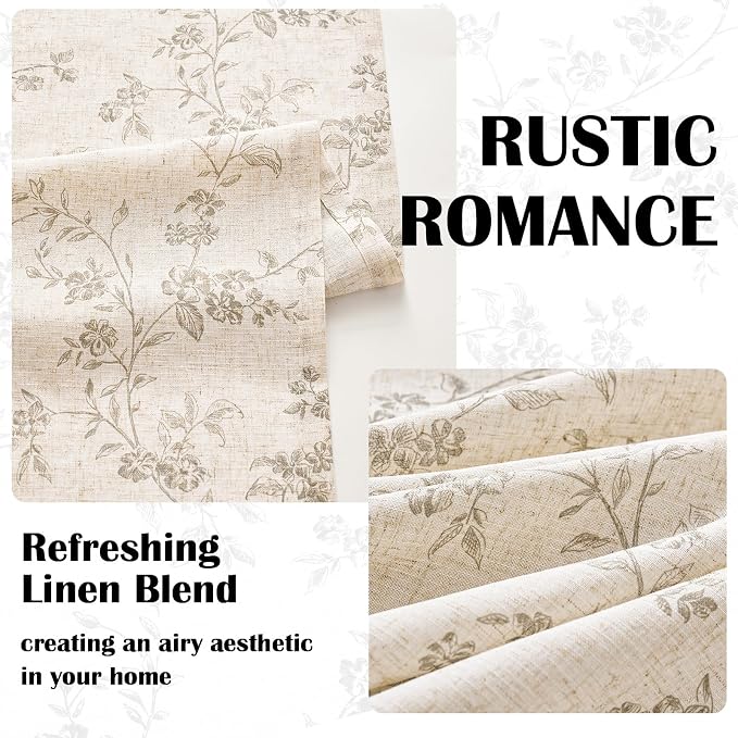 Grey Vintage Floral Linen Curtains Farmhouse 50W X 84L 2 Panels | Elisa Series - Image 4