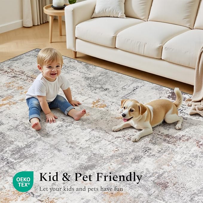 Rugflix 9x12 Area Rugs for Living Room, Washable Beige Grey Large Rug | Machine - Image 6