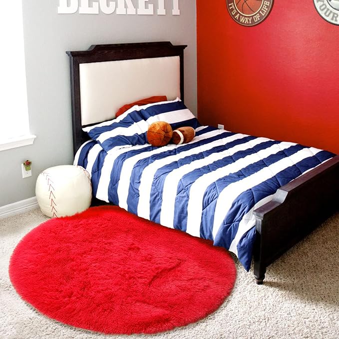 Amdrebio Red Fluffy Plush Large Round Area Rug 7Ft - Image 5
