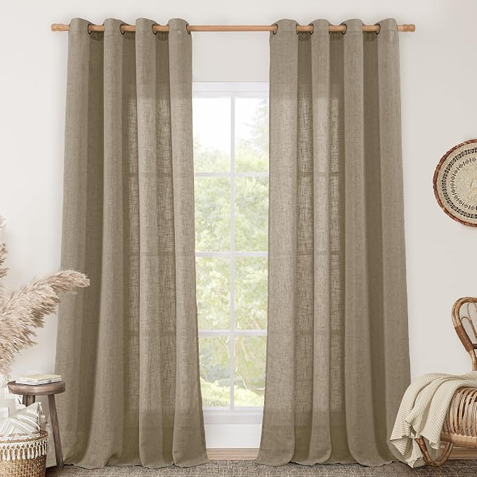 Taupe Sheer Linen Curtains for Living Room 84 inch Length, Light Filtering Semi by LAMIT