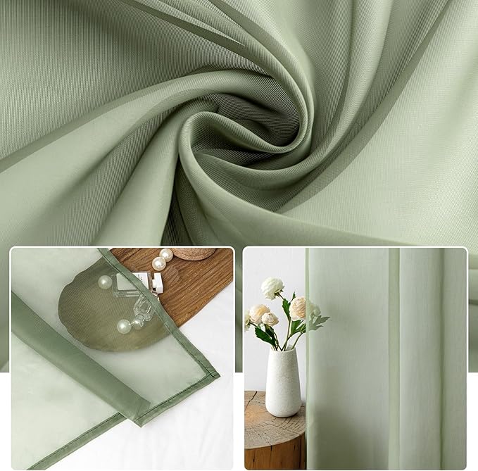 MIULEE 2 Panels Sage Green Sheer Curtains 90 inches Long, 54 X 90 Inches | Rod - Image 3