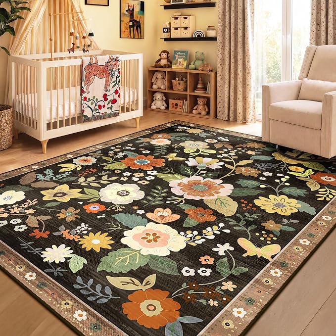 RELEANY Floral Washable 8x10 Area Rugs Black/Yellow | Flower Carpet Print Boho - Image 6
