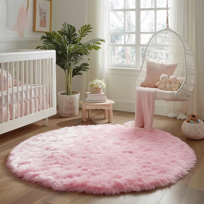 Amdrebio Pink Small Furry Circle Area Rug 3Ft - Image 9