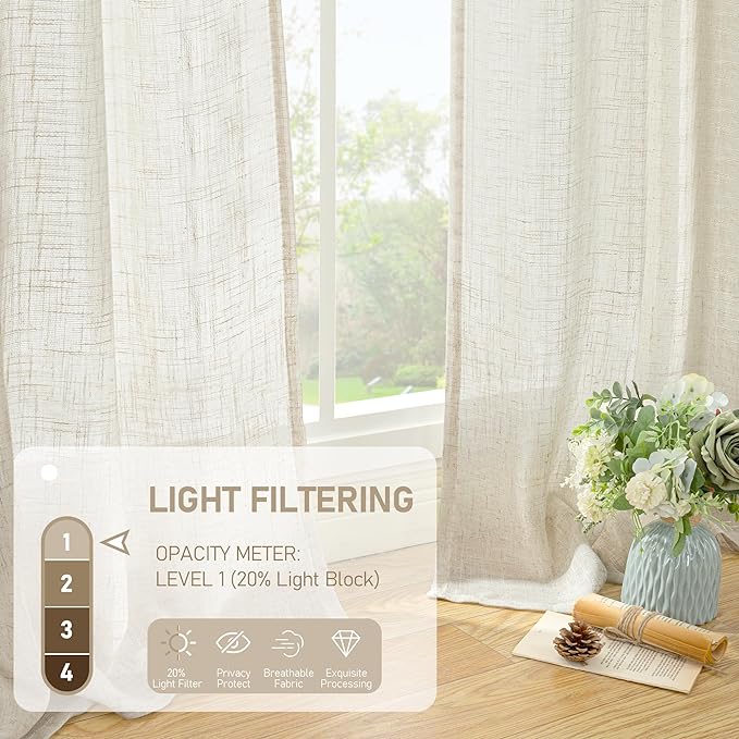 60 Inch Wide Linen Curtains 95 Inches Long Semi Sheer Panels | Natural Ivory - Image 4