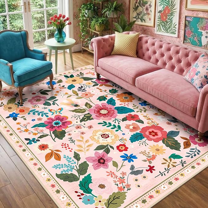 RELEANY Floral Washable 5x8 Area Rugs Pink | Flower Carpet Print Boho Cute Non by RELEANY