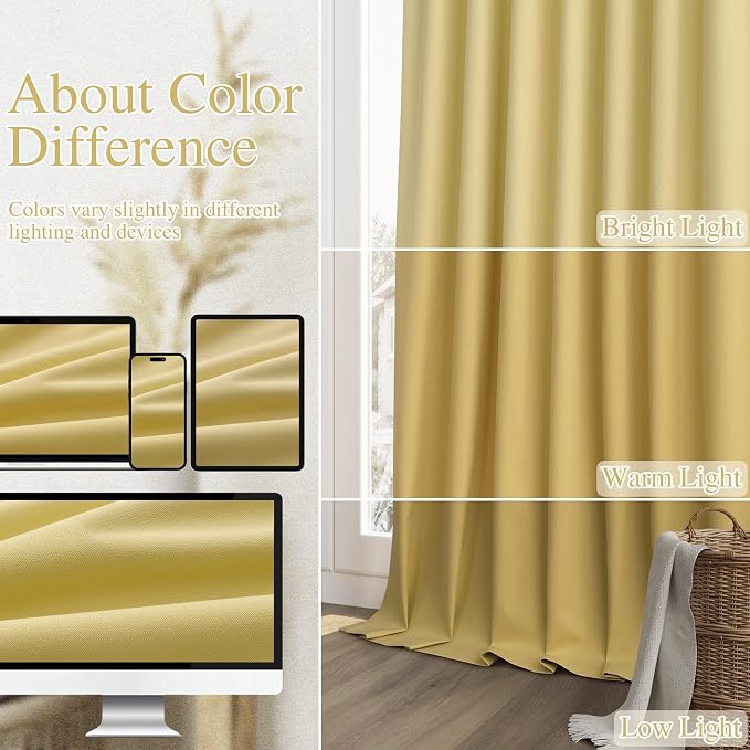 Yellow 100% Blackout Linen Curtains 108 Inch Length 2 Panels Set - Image 7