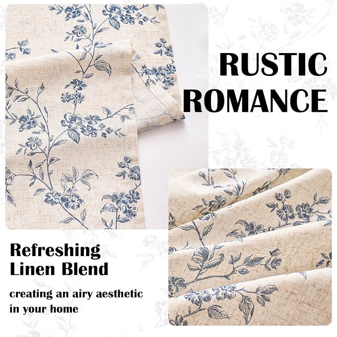 Blue Vintage Floral Linen Curtains Farmhouse 50W X 96L 2 Panels | Elisa Series - Image 4