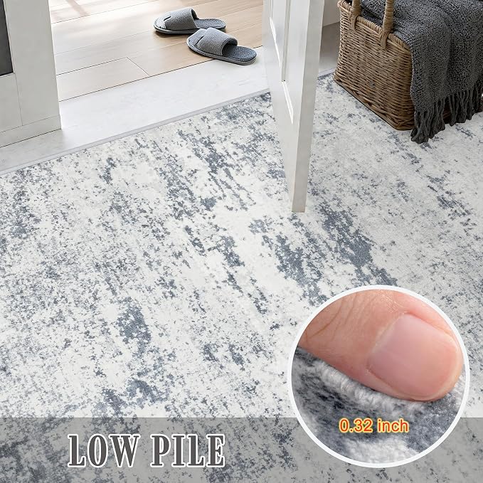 2.6x14 Washable Runner Rug:Modern Abstract Soft Carpet Blue Grey | - Image 7