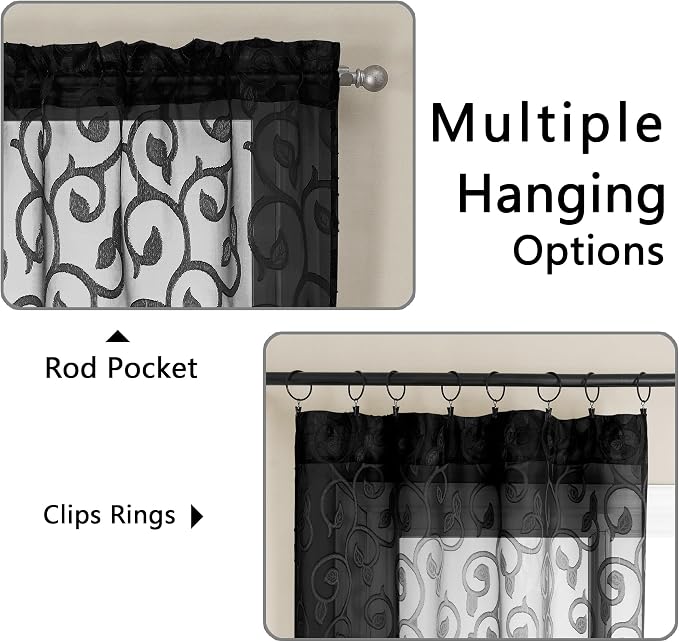 Furman Black Sheer Curtains 72 inches Long 2 Panels Set, Light Filtering Top - Image 4