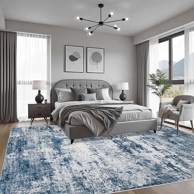 Area Rug Living Room: 4x6 Modern Washable Indoor Soft Carpet Blue | - Image 3
