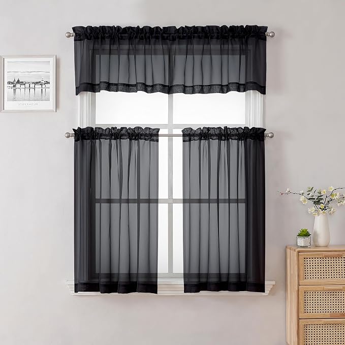Black Sheer Valances for Windows 18 Inch Length 2 Pcs, Cafe Kitchen Curtains - Image 6