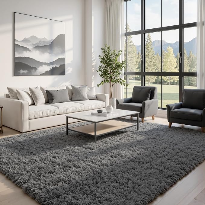 9x12 Fluffy Shag Area Rugs for Living Room Bedroom: Soft Plush Carpet Grey | - Image 2