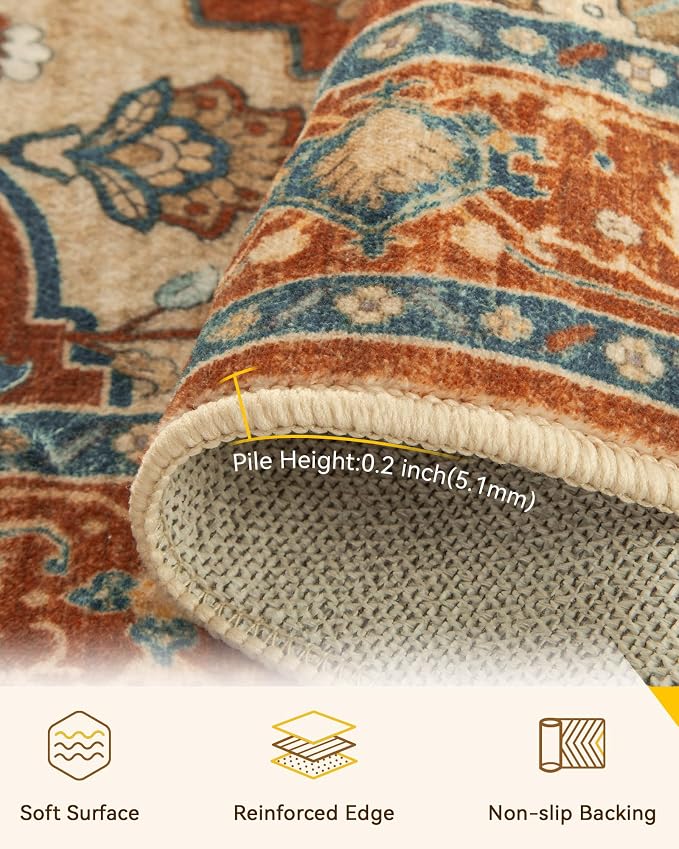 RELEANY Washable Area Rug, Round 5ft, Water Repellent, Pet Friendly, Vintage - Image 4