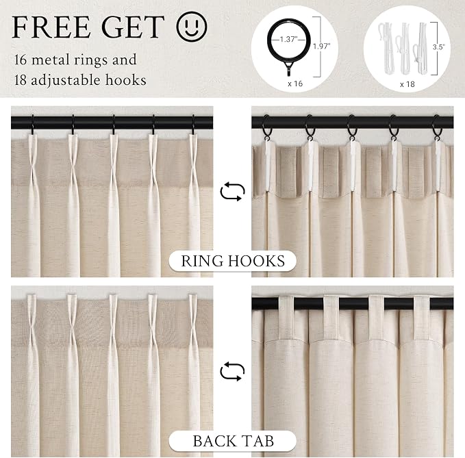 Topfinel 108 Inch Pinch Pleated Linen Curtains 2 Panels, Ivory Beige Semi Sheer - Image 6