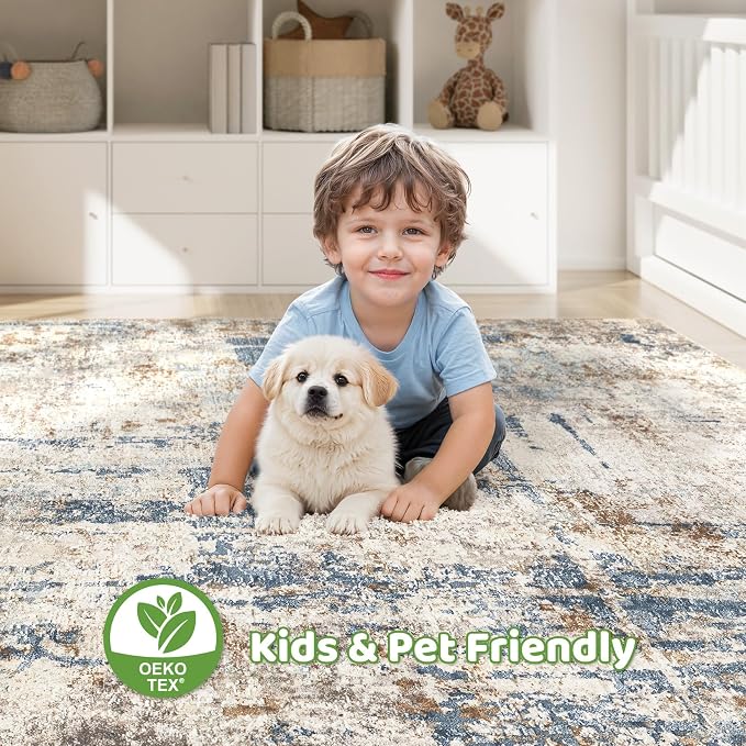 LOONGRUG 4x6 Area Rug Machine Washable Neutral Modern Rugs Blue Tan | Abstract - Image 7