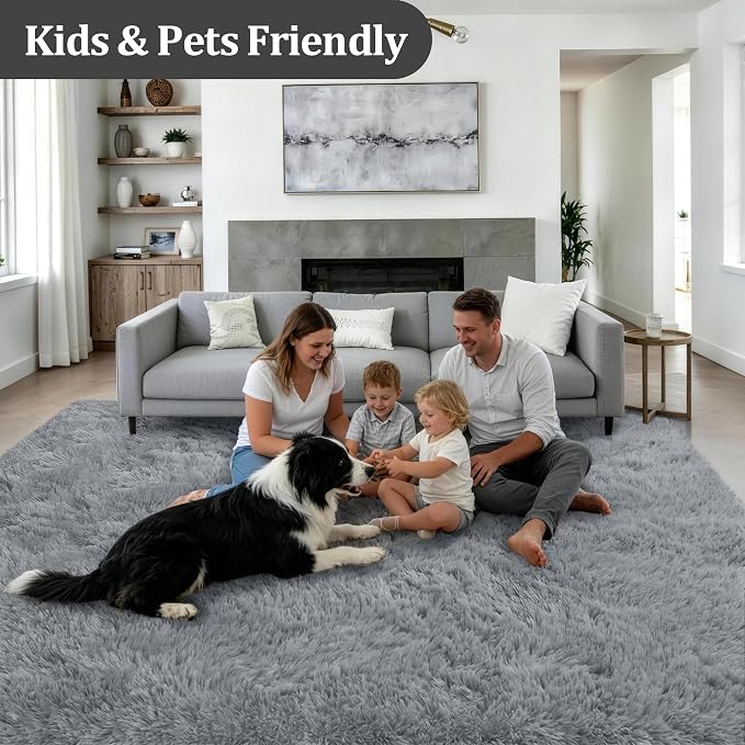 Area Rug Living Room Bedroom: 6x9 Fluffy Plush Shag Carpet Gray | - Image 4