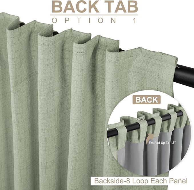 Faux Linen Total Blackout Sliding Door Curtains 90 Inches Long, Sage Green | - Image 3