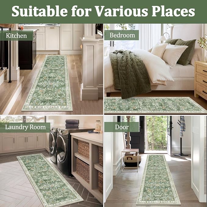 Yamaziot 2x12 Washable Hallway Runner Rug Non Slip Floral Carpet, Sage Green | - Image 6