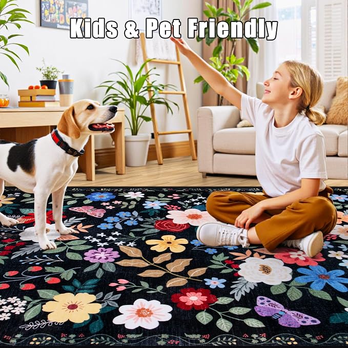 PLHXFR Area Rug Living Room: 4x6 Floral Washable Boho Soft Carpet Black | - Image 8