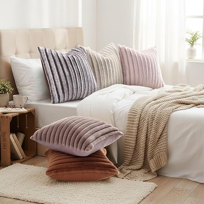 decorUhome Fall Faux Fur Throw Pillow Covers 16x16 Set of 2 Beige White | - Image 6