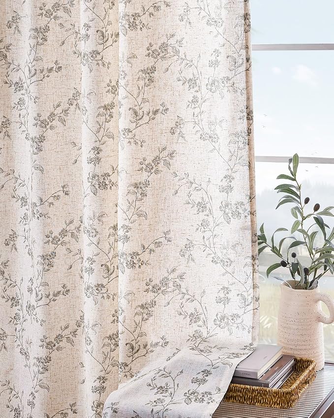 Extra Long Grey Vintage Floral Linen Curtains Farmhouse 2 Panels | Elisa Series - Image 9