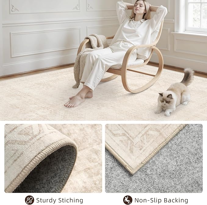6x9 Area Rugs Living Room: Bedroom Neutral Washable Carpet Beige | Large - Image 4