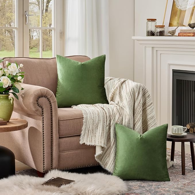 GIGIZAZA Olive Green Velvet Throw Pillow Covers 22x22 Pack of 2 | Decorative - Image 3