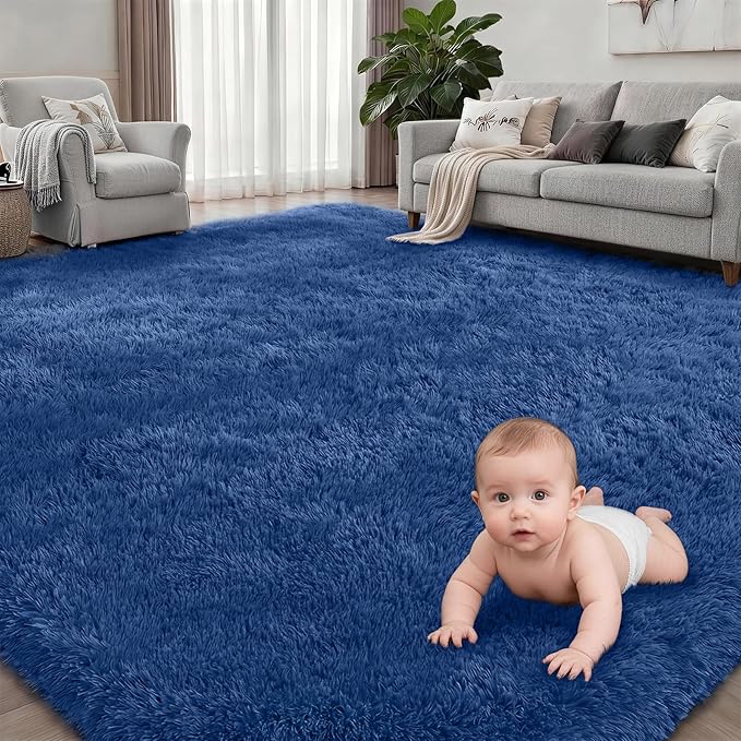 Area Rug Living Room Bedroom: 5x7 Fluffy Plush Shag Carpet Blue | - Image 2