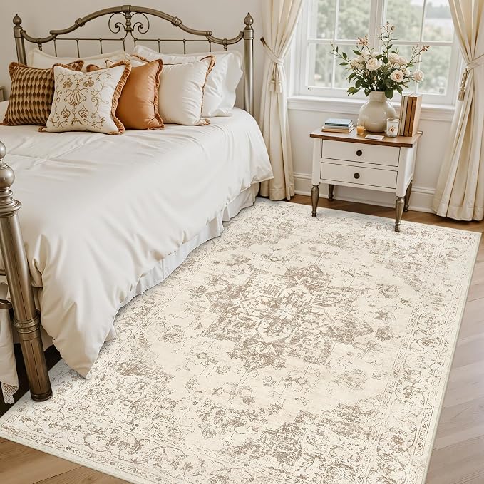 4x6 Area Rugs Living Room: Bedroom Washable Carpet Beige/Ivory | Vintage Boho - Image 2
