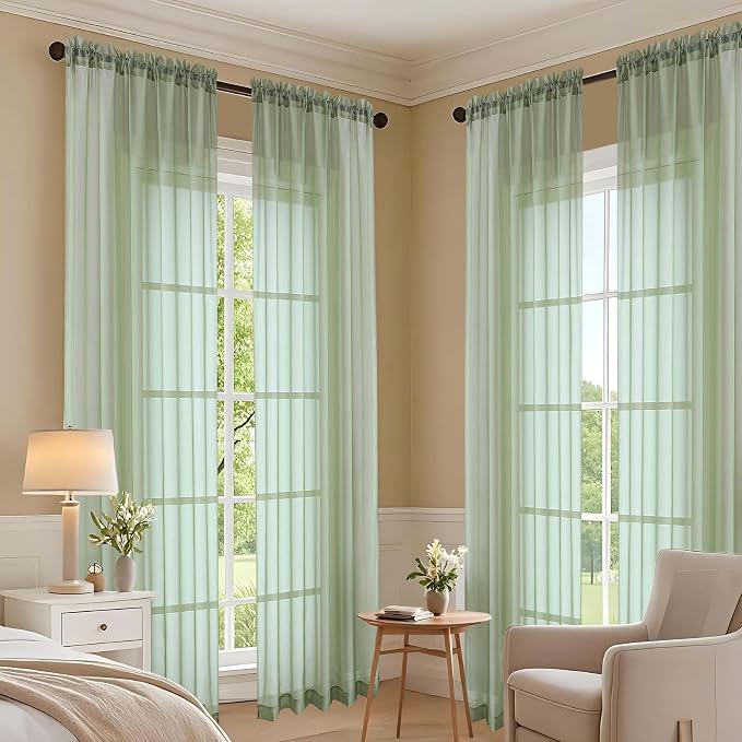 Sheer Sage Green Curtains 108 Inches Long 2 Panels Set, 59 Inch Extra Wide - Image 7