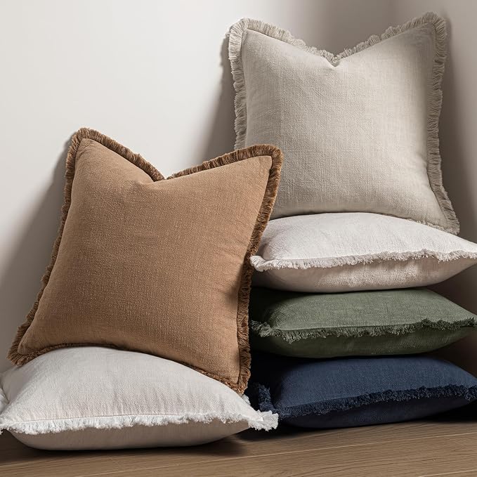MIULEE Linen Fringe Decorative Euro Pillow Covers Natural Beige 24x24 | Set of 2 - Image 5