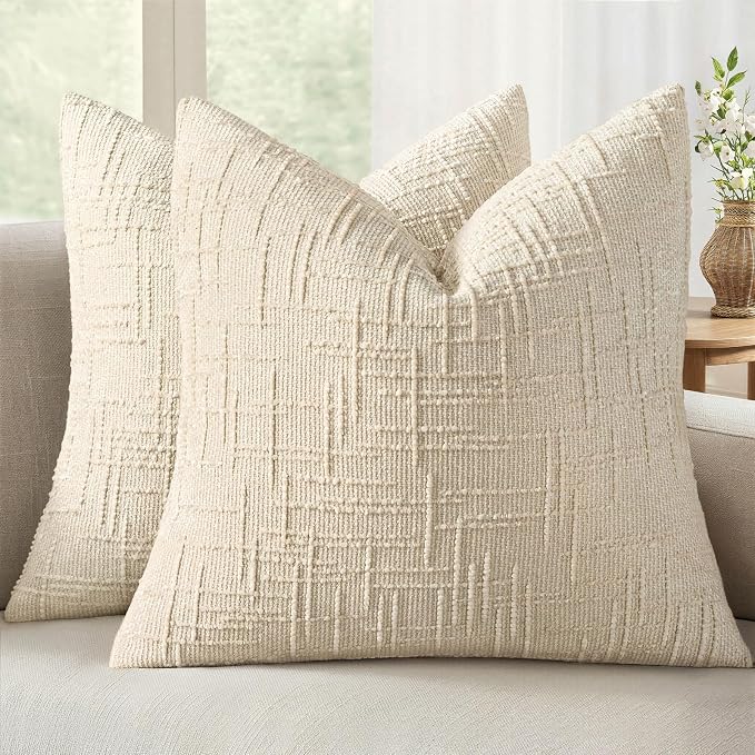 MIULEE Chenille Textured Euro Throw Pillow Covers Beige 22x22 Set of 2 | Slubby by MIULEE