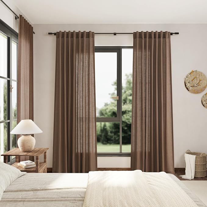 Caramel Brown Linen Semi Sheer Curtains 72 Inches Long 2 Panels Set - Image 6