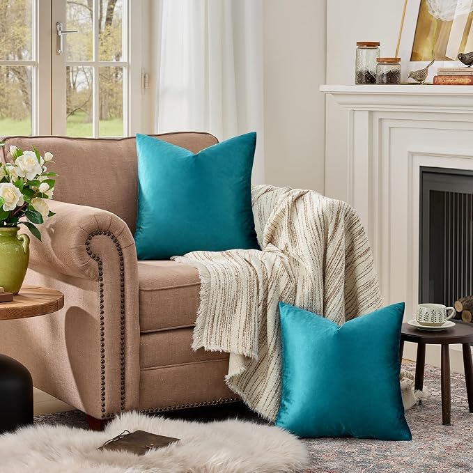 GIGIZAZA Teal Velvet Pillow Covers 26x26 Decorative Pillows Pack of 2 | Blue - Image 3